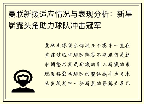 曼联新援适应情况与表现分析：新星崭露头角助力球队冲击冠军